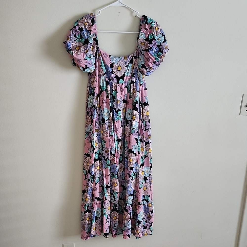 Storia Multicolor Floral Princess Midi Dress Empire Waist Smocked Back Medium